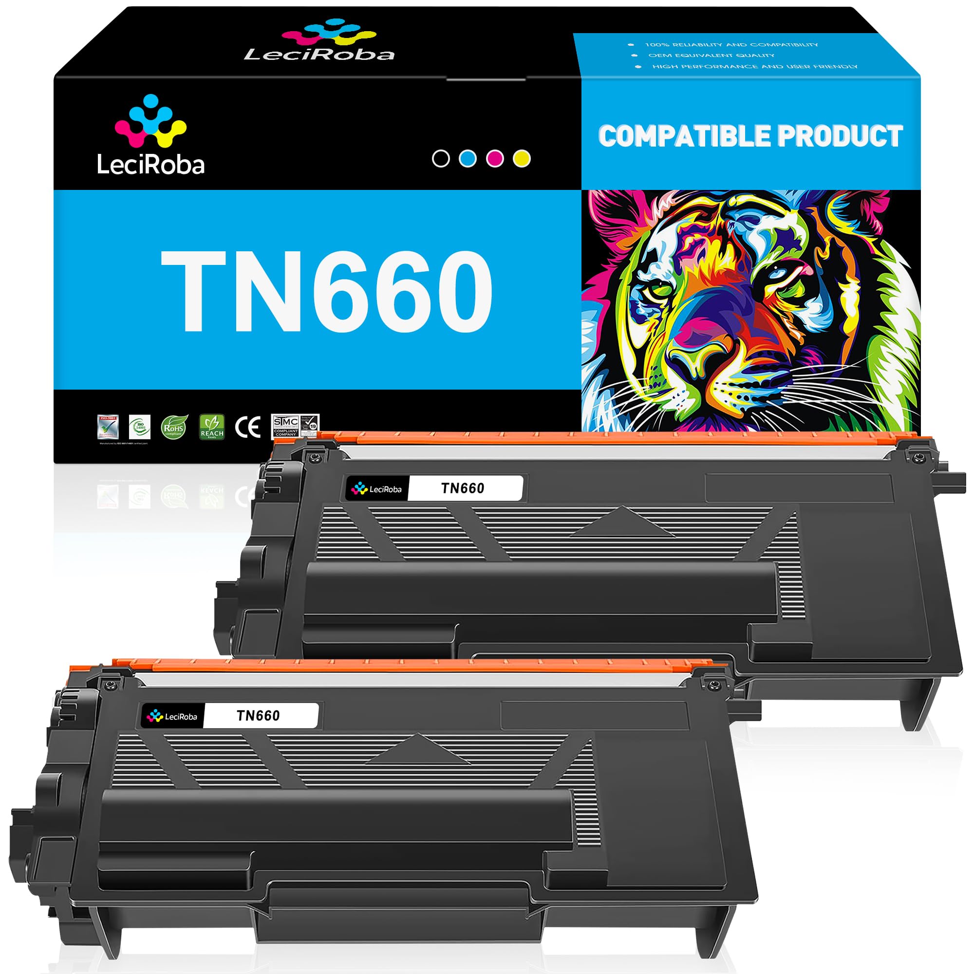 LeciRoba TN660 High Yield Black Toner Cartridge Replacement for Brother TN660 TN630 to use with HL-L2300D HL-L2380DW HL-L2320D DCP-L2540DW HL-L2340DW HL-L2360DW MFC-L2720DW Printer (2-Packs)