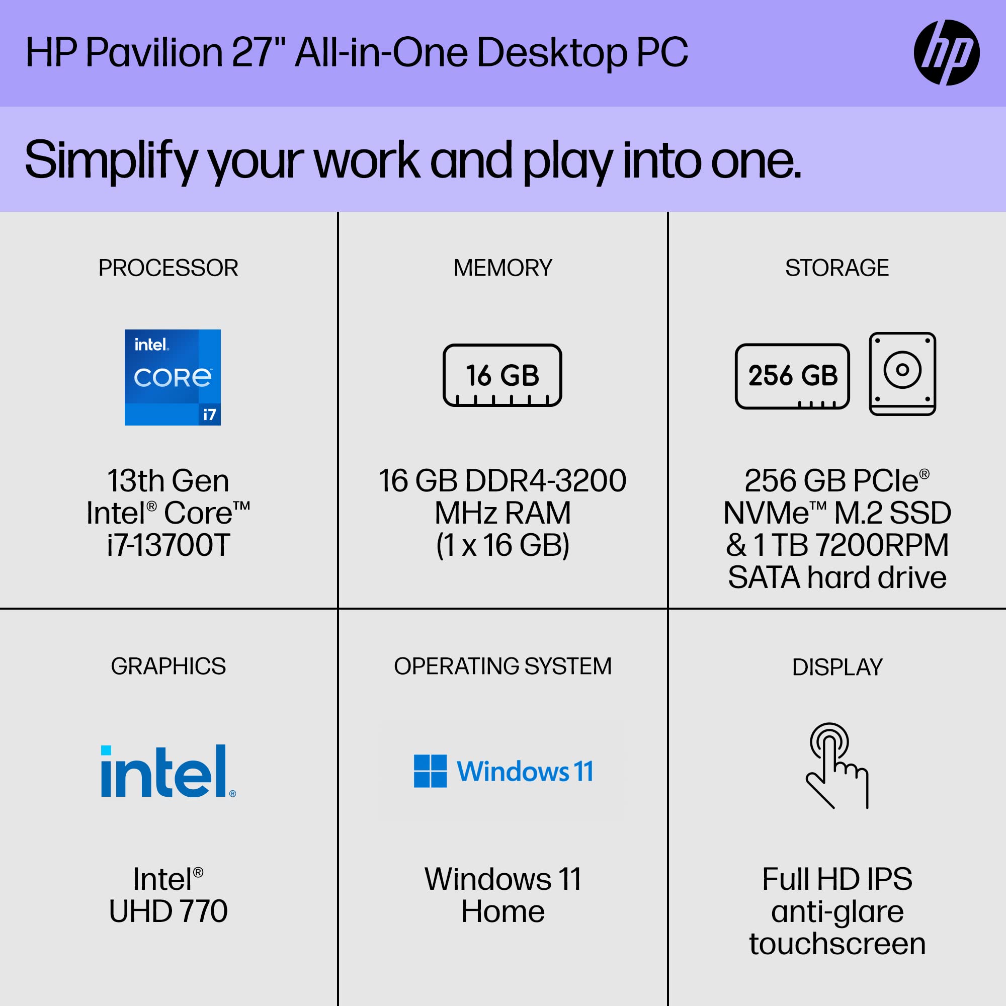 HP Pavilion 27 inch All-in-One Desktop PC, FHD Display, 13th Generation Intel Core i7-13700T, 16 GB RAM, 256 GB SSD, 1 TB HD, Intel UHD 770 Graphics, Windows 11 Home, 27- ca2080 (2023)