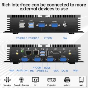 Kinupute Industrial Mini PC, Fanless Desktop Computer Core i7-5500U 2.4-3.0GHz, Windows 10 Pro, 16G RAM, 512G SSD, 2xNICs, 6xCOM RS232, 4xUSB 3.0, HDMI/VGA Ports, Auto Power On, Full Metal Case