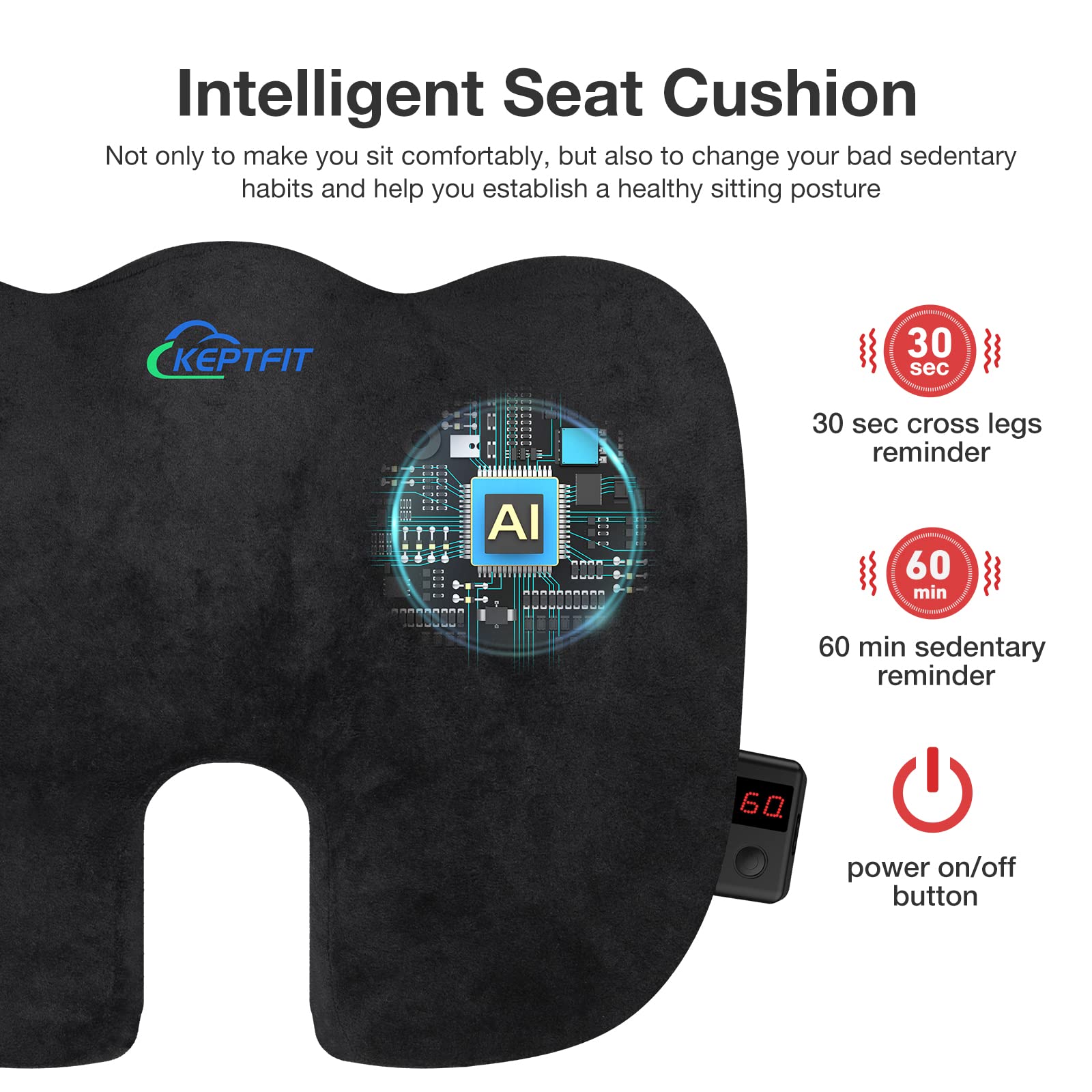 Office Chair Seat Cushion - Intelligent Sedentary & Crossed Legs Reminder Gel Memory Foam Cushions for Back,Coccyx,Tailbone Pain Relief (Black, 17.71 * 14.17 * 2.75in)