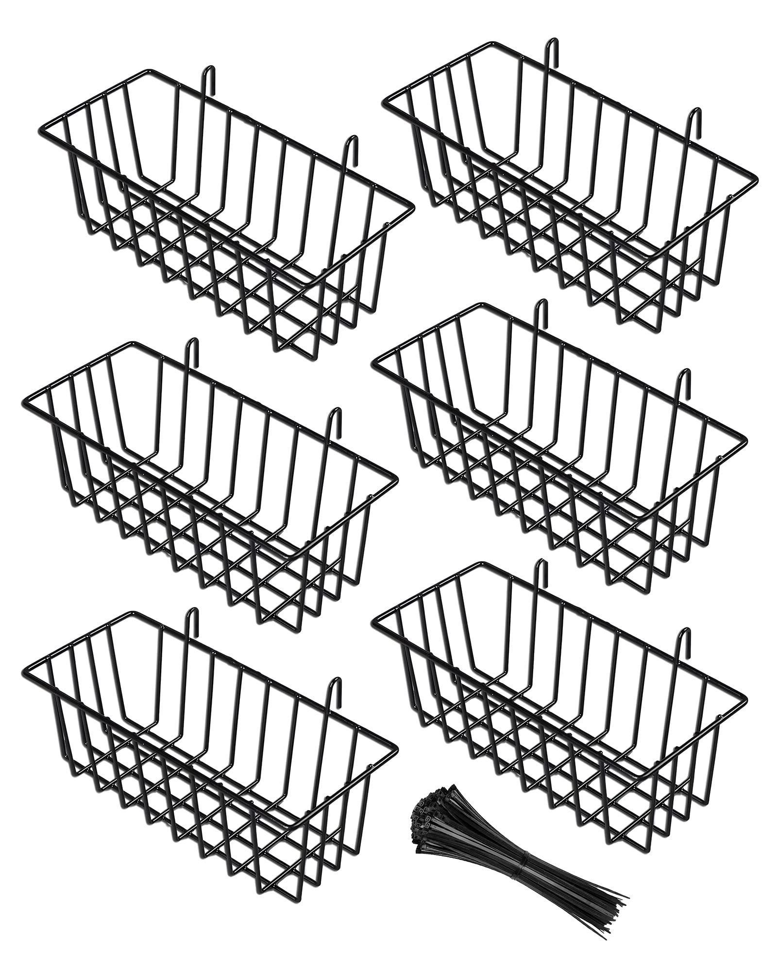 SEMPOMA 6 Pack Black Wire Basket, Hanging wall Basket for Wall Grid Panel, Metal Hanging Baskets for Organizing, Wire Basket for Kitchen Storage, Grid Wall Accessories