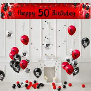 happy 50th birthday yard sign banner with balloons arch kit red and black - cheers to 50 years old birthday party theme decorations large birthday backdrop banner for men women supplies