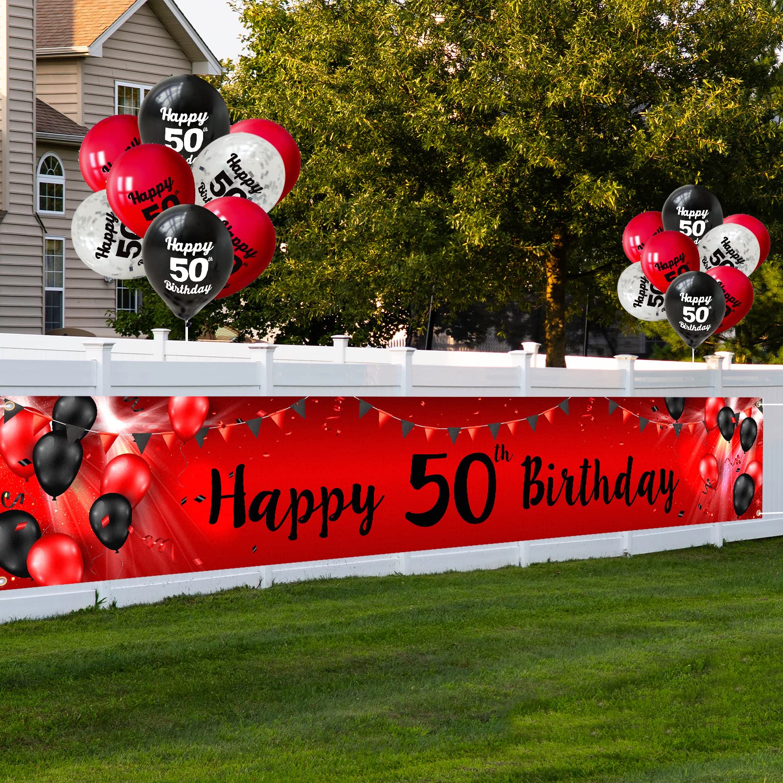 Happy 50th Birthday Yard Sign Banner with Balloons Arch Kit Red and Black - Cheers to 50 Years Old Birthday Party Theme Decorations Large Birthday Backdrop Banner for Men Women Supplies