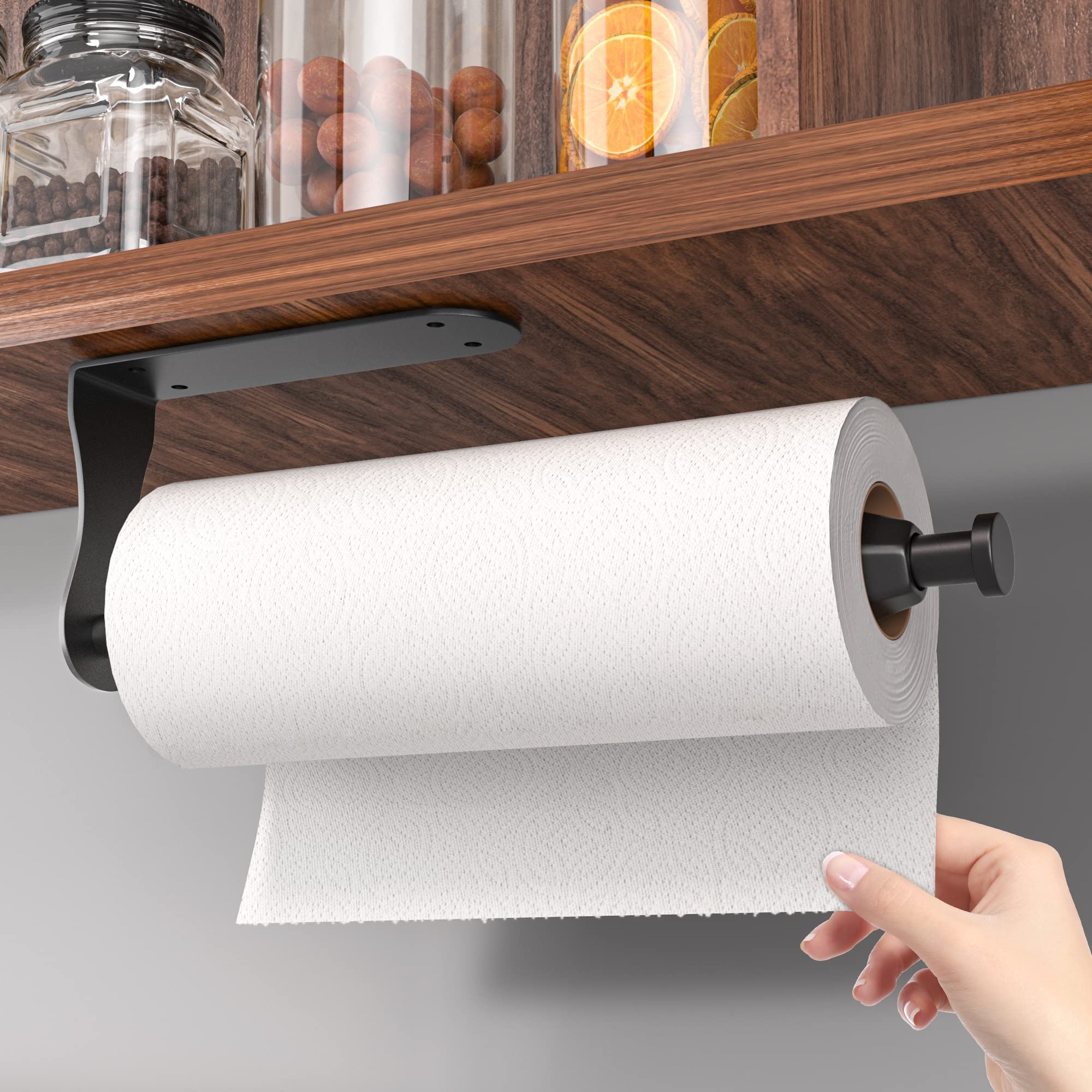 Paper Towel Holder One Hand Operable, Matte Black Kitchen Roll Holder Wall Mounted, Self-Adhensive or Drilling, Anti-Silp Easily Tear Kitchen Paper Holder Under Cabinet