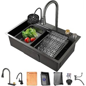 mwidciew drop in kitchen sink gunmetal gray stainless steel waterfall kitchen sink with pull down sprayhead faucet single bowl kitchen sink workstation with multiple accessories (31.5 x 17.7 inch)