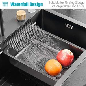 MWIDCIEW Drop In Kitchen Sink Gunmetal Gray Stainless Steel Waterfall Kitchen Sink with Pull Down Sprayhead Faucet Single Bowl Kitchen Sink Workstation with Multiple Accessories (31.5 x 17.7 inch)