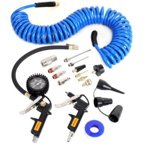 fypower 16 pieces heavy duty air compressor accessory kit, 1/4 inch 25ft recoil poly air compressor hose kit, 100psi tire inflator gauge, blow gun and nozzles, 1/4" npt air coupler and plug kit