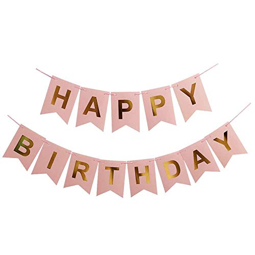 zYoung Pink Happy Birthday Banner Signs Gold Letters Birthday Party Supplies for Birthday Decorations Hanging Decor