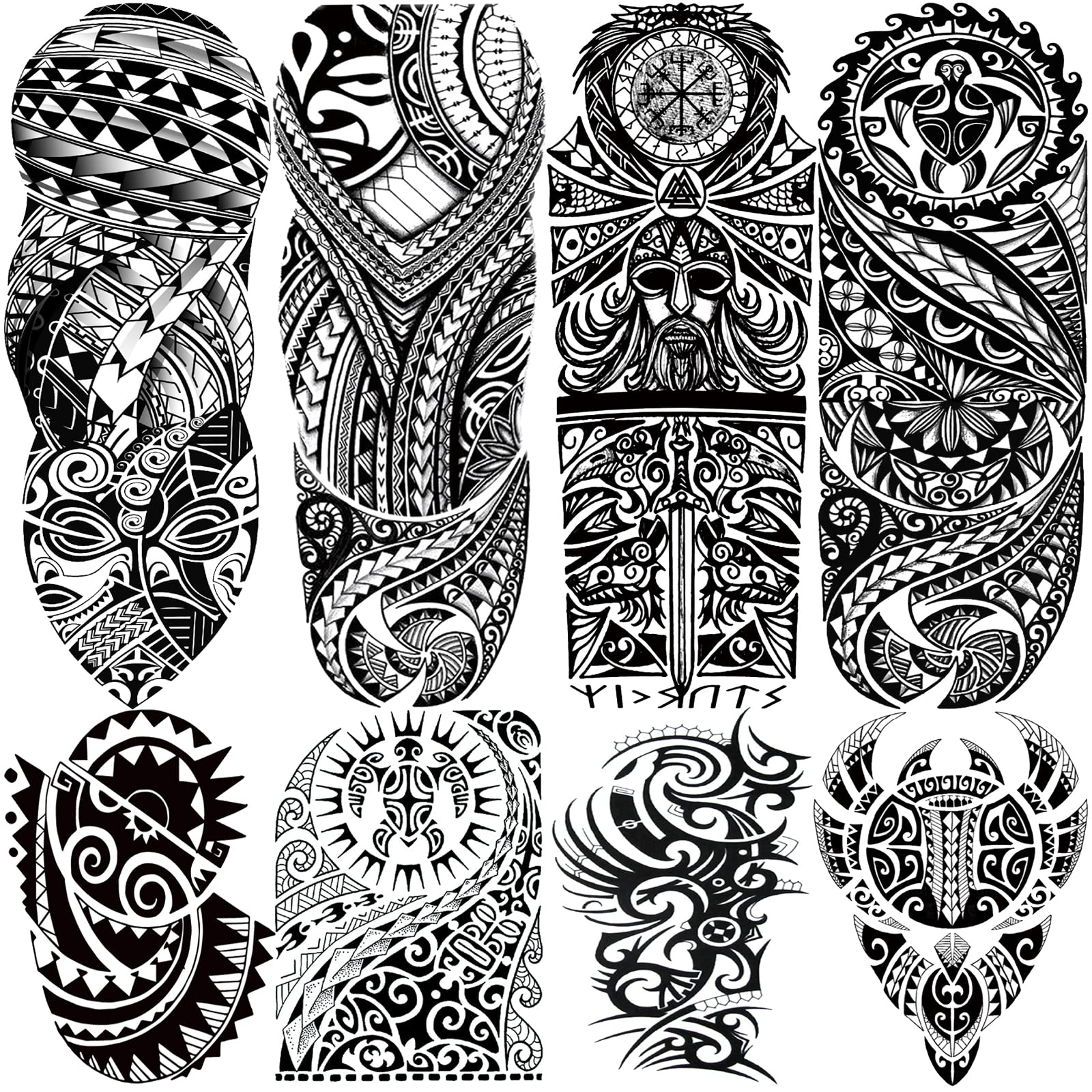 Tribal Totem Temporary Tattoo Sleeve for Men Women, 4-Sheet Full Arm Large Hawaiian Tribal Viking Fake Tattoo Sleeve Adult and 4-Sheet Black Polynesian Turtle Half Temp Tatoo Sticker Leg Makeup Body Art