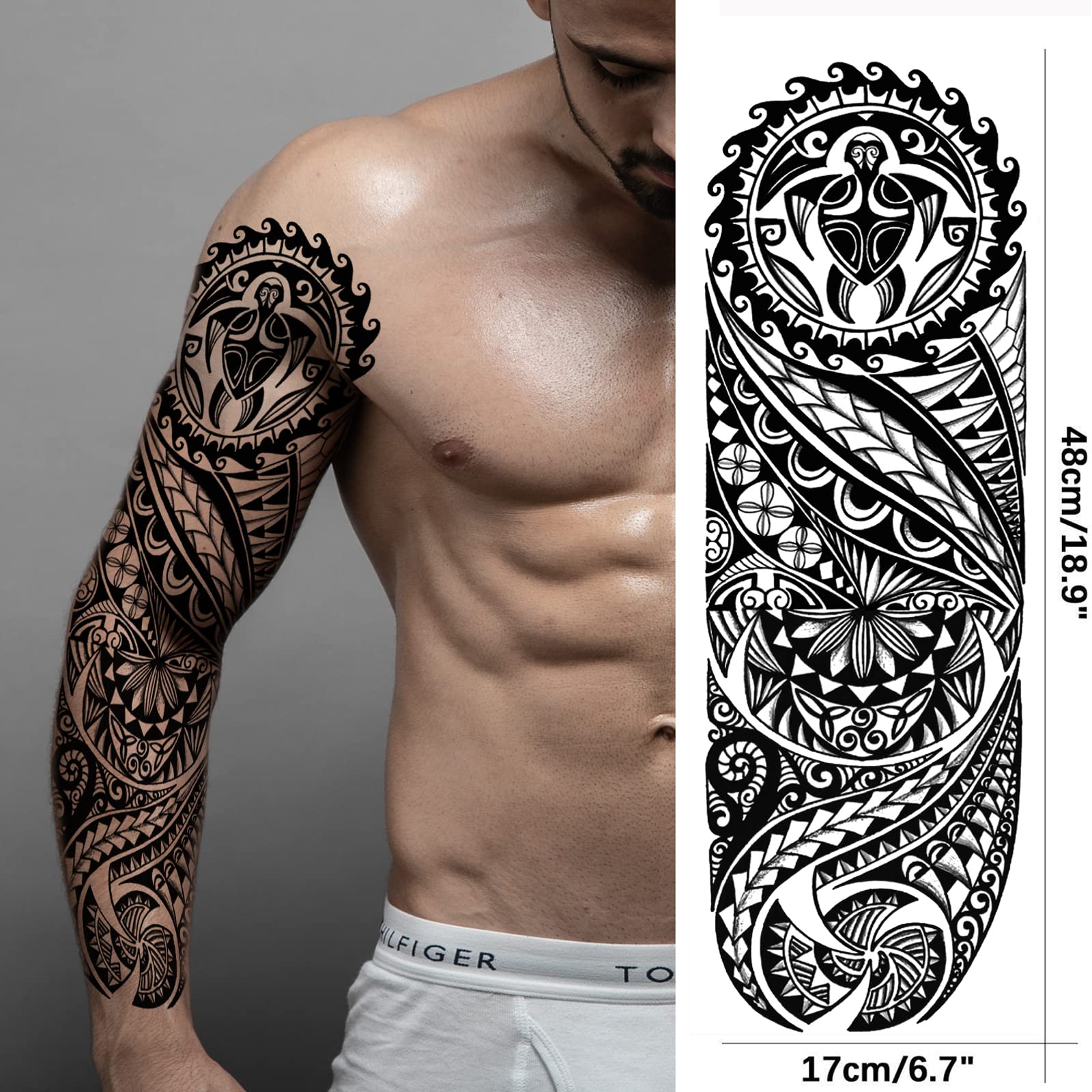 Tribal Totem Temporary Tattoo Sleeve for Men Women, 4-Sheet Full Arm Large Hawaiian Tribal Viking Fake Tattoo Sleeve Adult and 4-Sheet Black Polynesian Turtle Half Temp Tatoo Sticker Leg Makeup Body Art