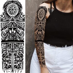 Tribal Totem Temporary Tattoo Sleeve for Men Women, 4-Sheet Full Arm Large Hawaiian Tribal Viking Fake Tattoo Sleeve Adult and 4-Sheet Black Polynesian Turtle Half Temp Tatoo Sticker Leg Makeup Body Art