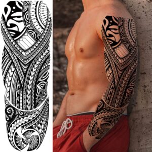 Tribal Totem Temporary Tattoo Sleeve for Men Women, 4-Sheet Full Arm Large Hawaiian Tribal Viking Fake Tattoo Sleeve Adult and 4-Sheet Black Polynesian Turtle Half Temp Tatoo Sticker Leg Makeup Body Art