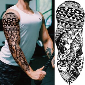 Tribal Totem Temporary Tattoo Sleeve for Men Women, 4-Sheet Full Arm Large Hawaiian Tribal Viking Fake Tattoo Sleeve Adult and 4-Sheet Black Polynesian Turtle Half Temp Tatoo Sticker Leg Makeup Body Art