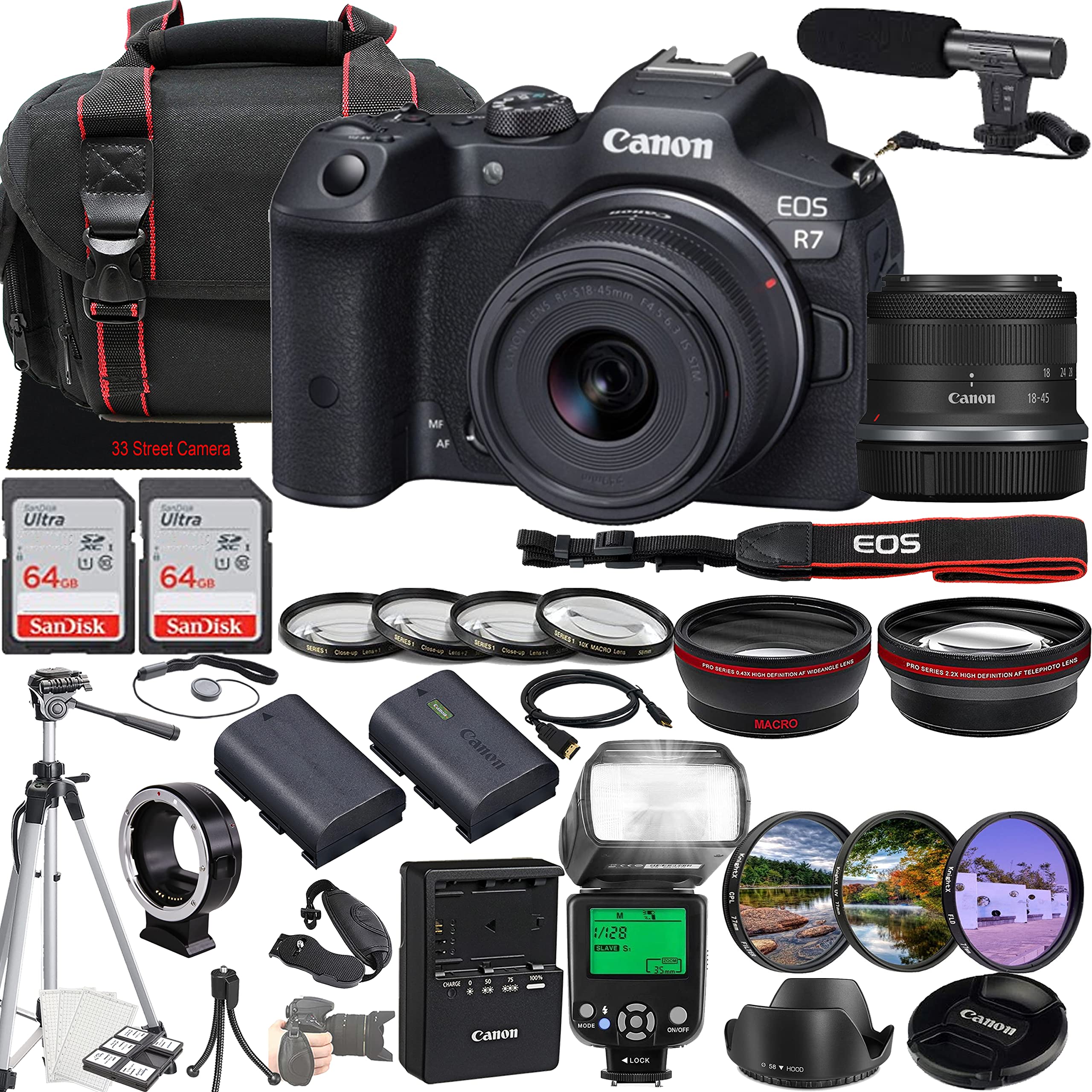 Canon EOS R7 Mirrorless Camera w/RF-S 18-45mm f/4.5-6.3 is STM Lens + 2X 64GB Memory + Microphone + Filters + TTL Flash + More (35pc Bundle)