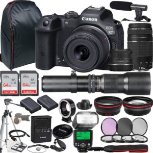 canon eos r7 mirrorless camera w/rf-s 18-45mm f/4.5-6.3 is stm lens + ef 75-300mm f/4-5.6 iii lens + 500mm f/8 focus lens + 2x 64gb memory + microphone + more (35pc bundle)
