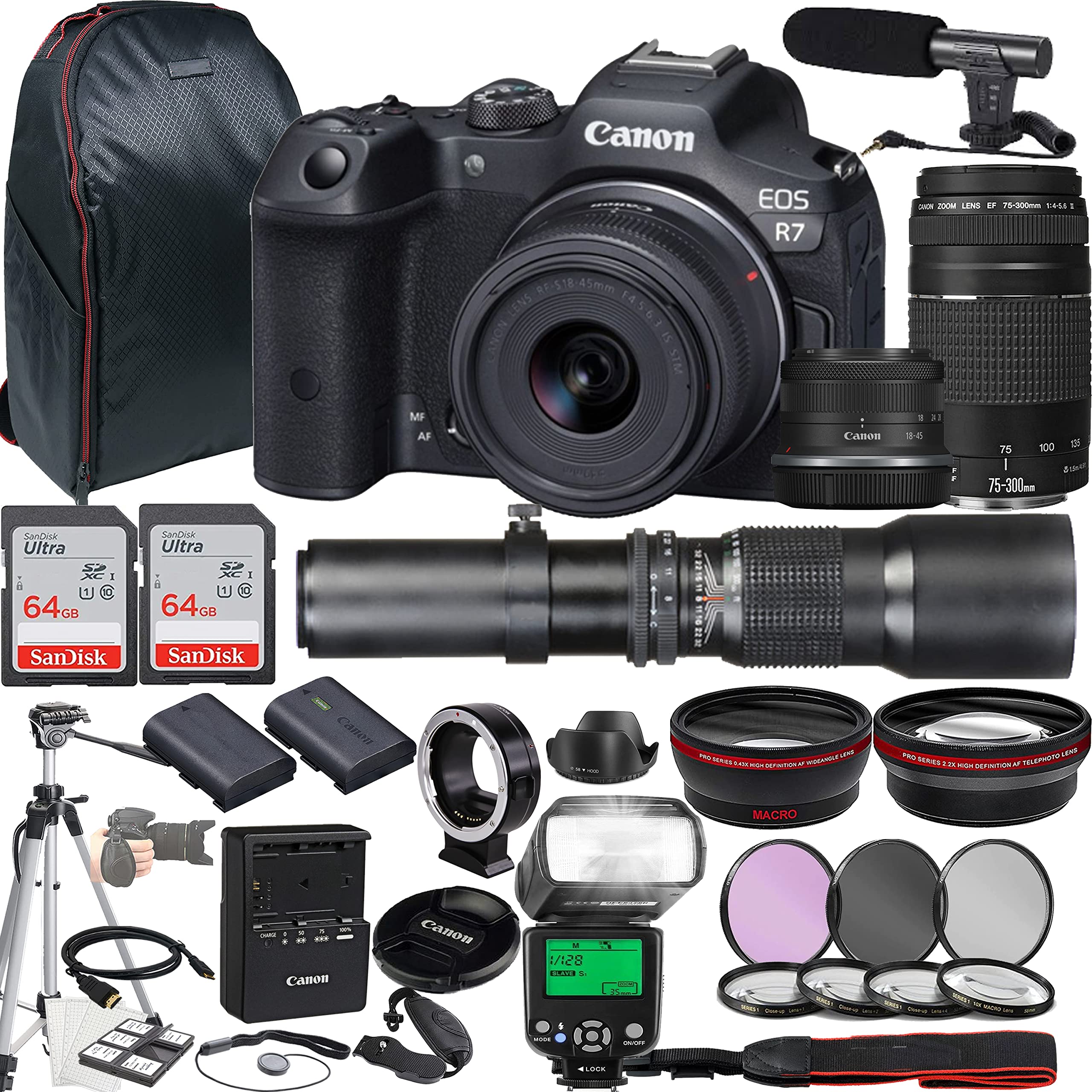 Canon EOS R7 Mirrorless Camera w/RF-S 18-45mm f/4.5-6.3 is STM Lens + EF 75-300mm f/4-5.6 III Lens + 500mm f/8 Focus Lens + 2X 64GB Memory + Microphone + More (35pc Bundle)