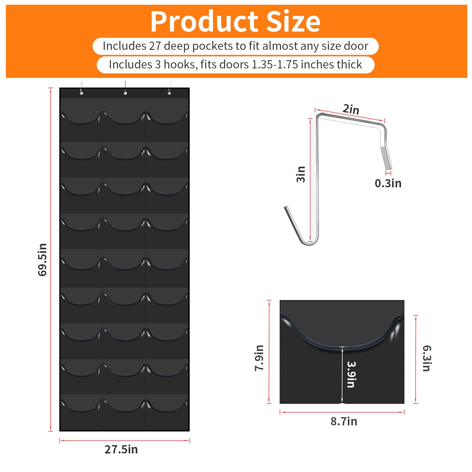 Hat Rack for Baseball Caps, 27 Pockets Over The Door Baseball Hat Organizer, Fitted Hat Storage for Closet Wall Mount Bag With Large Pockets & 3 Hooks, Hat Holder Hanger Organization to Display Caps