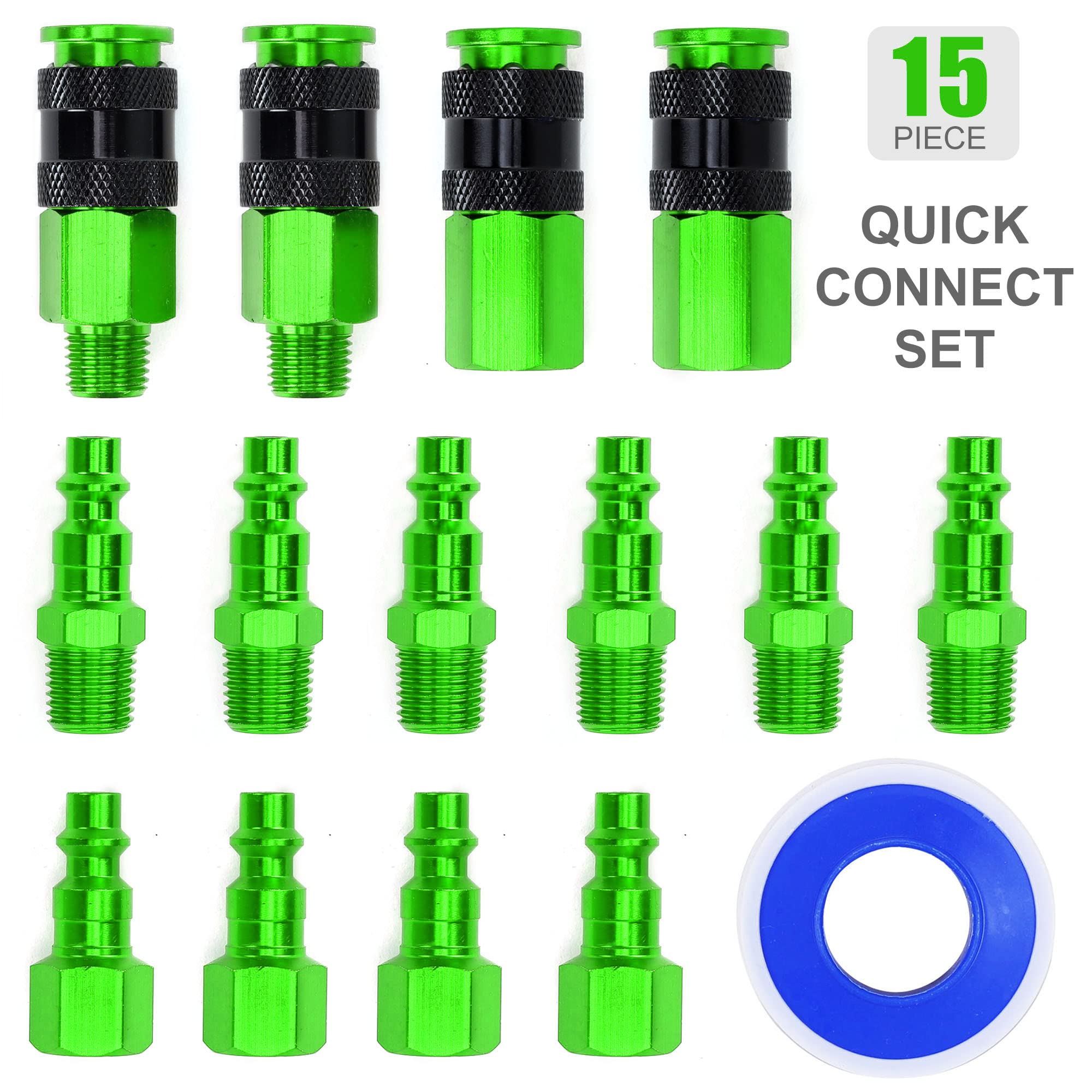 FYPower 15 Pieces 1/4" NPT Aluminum Air Coupler and Plug Kit, Quick Connect Air Fittings, Industrial Quick Connector Set (Green)