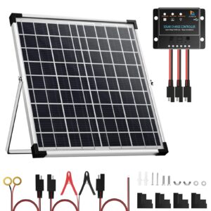 sunsul 20w 12v solar panel kit with trickle charger, maintainer, and adjustable mount bracket for marine, automotive, rv, motorcycle, and boat.