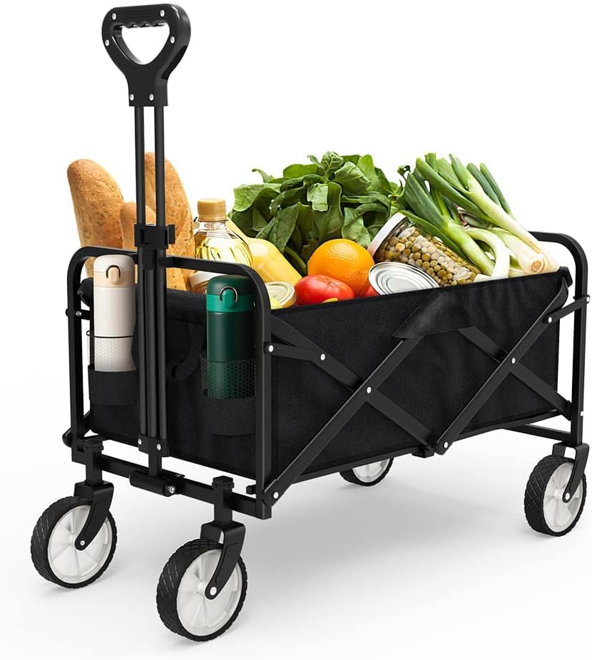 Folding Wagon, Collapsible Wagon Garden Cart Heavy Duty with Side Pocket and Terrain Wheels, Large Capacity Foldable Grocery Beach Wagon for Garden Sports Camping Shopping(1 Year Warranty)