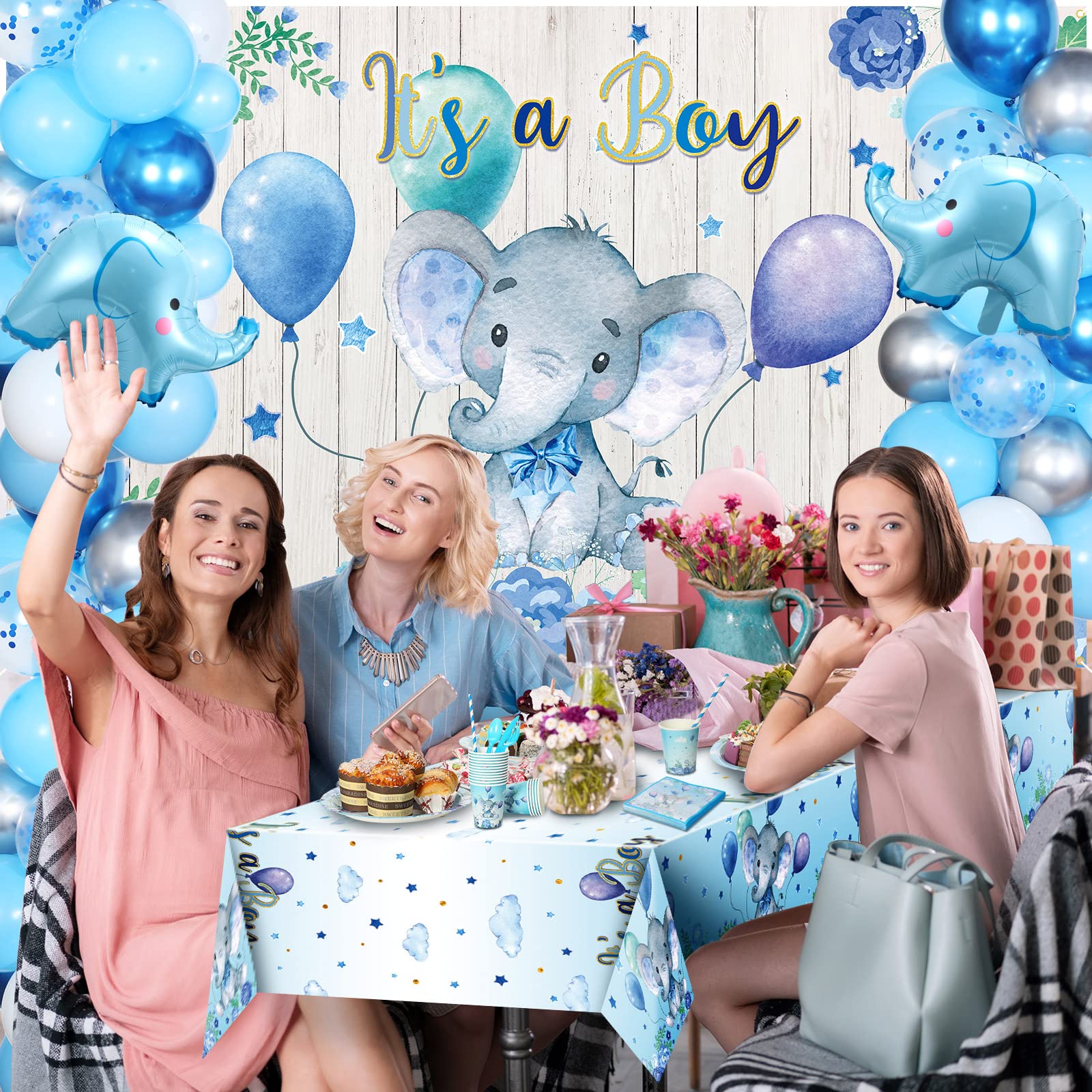 Junkin 237 Pcs Elephant Theme Baby Shower Party Decorations Elephant Party Supplies Kit Incl. Backdrop Banner Balloons Tablecloth Tableware for Baby Shower Gender Reveal Elephant Theme Birthday Party