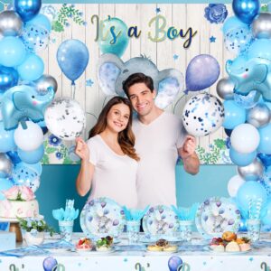 Junkin 237 Pcs Elephant Theme Baby Shower Party Decorations Elephant Party Supplies Kit Incl. Backdrop Banner Balloons Tablecloth Tableware for Baby Shower Gender Reveal Elephant Theme Birthday Party