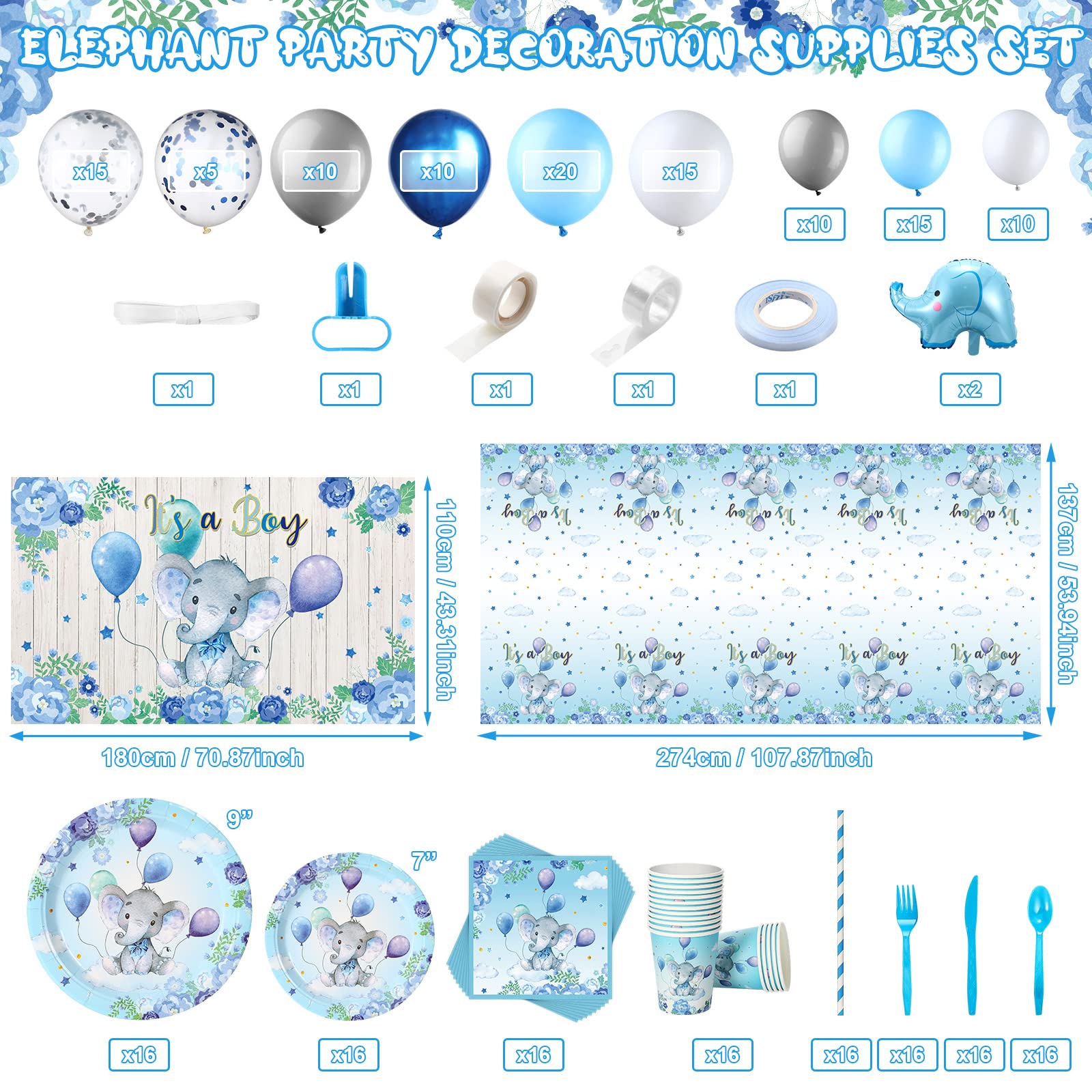 Junkin 237 Pcs Elephant Theme Baby Shower Party Decorations Elephant Party Supplies Kit Incl. Backdrop Banner Balloons Tablecloth Tableware for Baby Shower Gender Reveal Elephant Theme Birthday Party