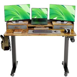 claiks standing desk with drawers, stand up electric standing desk adjustable height, sit stand desk with storage shelf and splice board, 48 inch, rustic brown