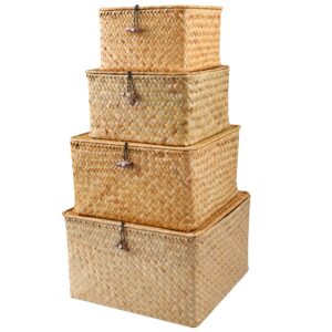 feilanduo 4pcs wicker storage baskets with lids seagrass woven baskets for shelves stackable storage boxes for organizing rattan bins (natural)