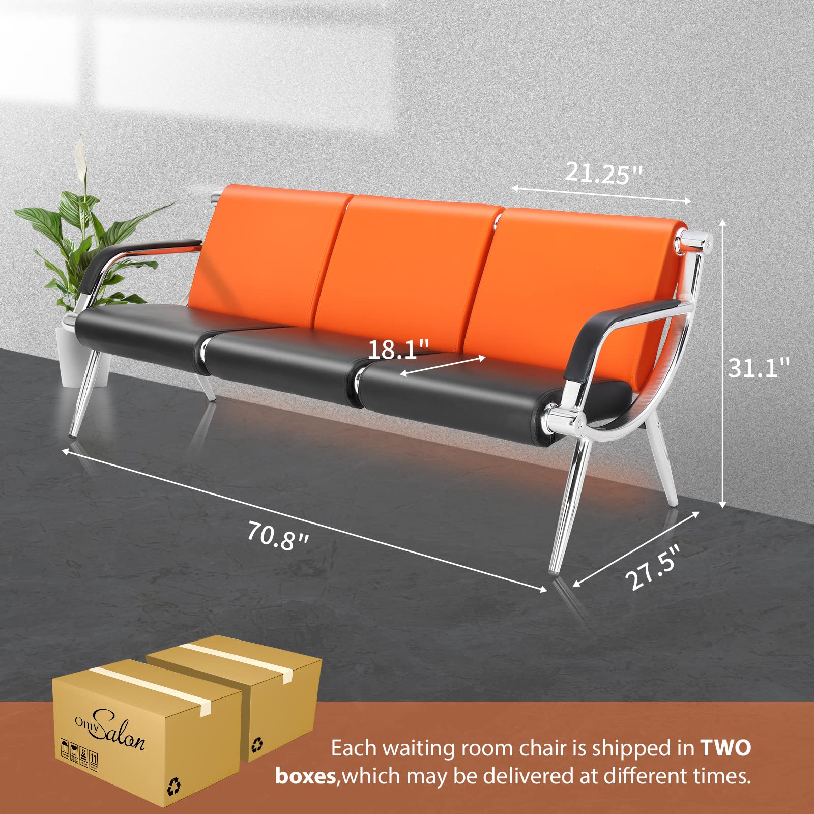 OmySalon 3-Seat Waiting Room Bench，Reception Bench Seating Office Chair with Armrest, Heavy Duty Guest Lobby Chair, Conference Room Chairs for Salon Airport Hospital Bank, PU Leather,Orange