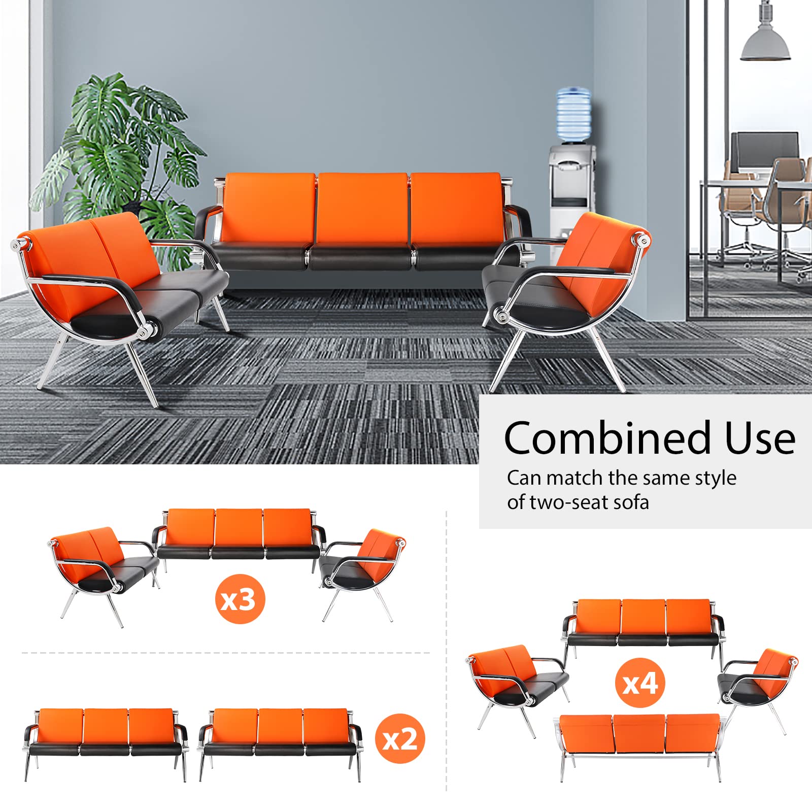 OmySalon 3-Seat Waiting Room Bench，Reception Bench Seating Office Chair with Armrest, Heavy Duty Guest Lobby Chair, Conference Room Chairs for Salon Airport Hospital Bank, PU Leather,Orange