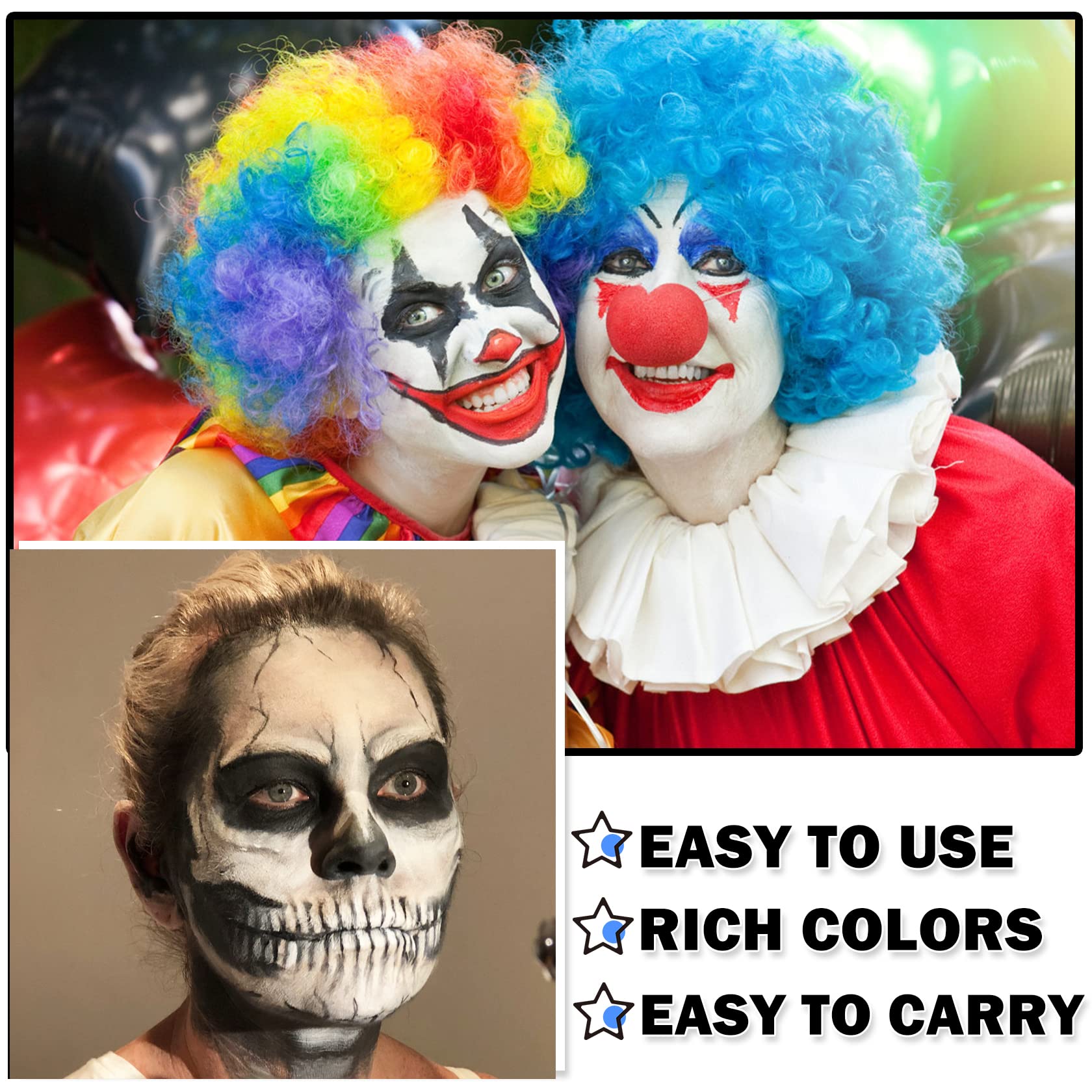 CAHIUYOA 3PCS Clown Makeup Cream Black White Green Eye Black Stick Face Body Paint Stick,Professional Joker Zombie Vampire Skeleton SFX Cosplay Halloween Makeup