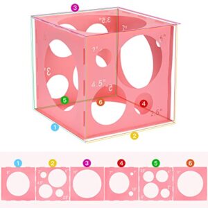 Pllieay 14 Holes Balloon Sizer Box Cube, Pink Plastic Balloon Measurement Box, Collapsible Balloon Sizer Tool with Instructions for Balloon Decoration, Balloon Arch, Balloon Columns, 1-10 Inch