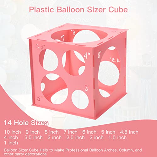 Pllieay 14 Holes Balloon Sizer Box Cube, Pink Plastic Balloon Measurement Box, Collapsible Balloon Sizer Tool with Instructions for Balloon Decoration, Balloon Arch, Balloon Columns, 1-10 Inch
