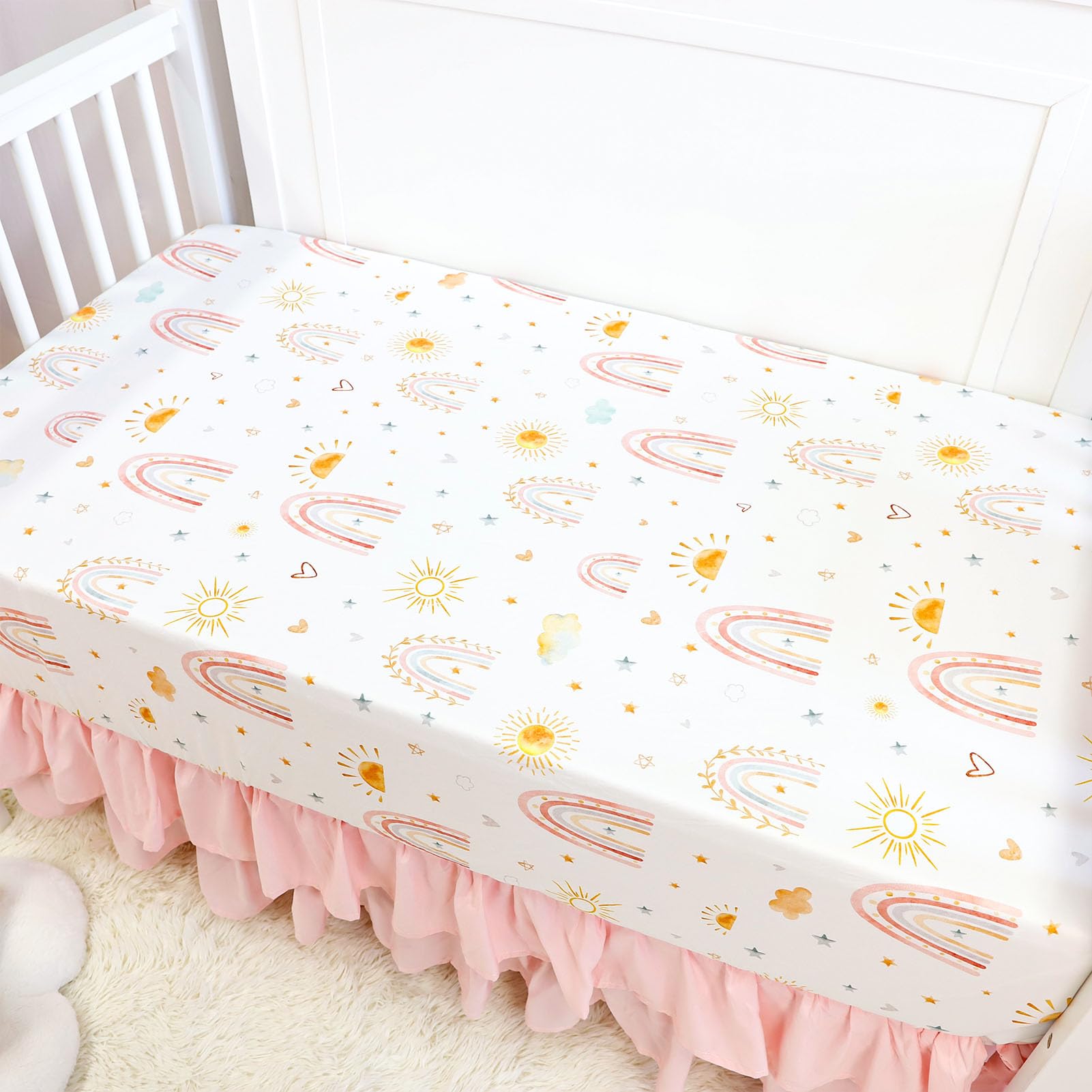 CARUILI Crib Bedding Set for Girls, 4-Piece Pink Baby Crib Bedding Set, Rainbow Crib Sets Includes Comforter, Fitted Crib Sheet, Crib Skirt, and Diaper Stacker