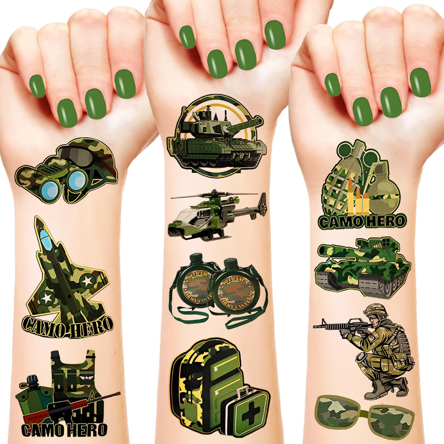 170PCS Camouflage Military Themed Temporary Tattoo Army Party Favors Camo Military equipment Tank Helicopter Tattoos Stickers for Kids Adult Outdoor Sports Birthday Party