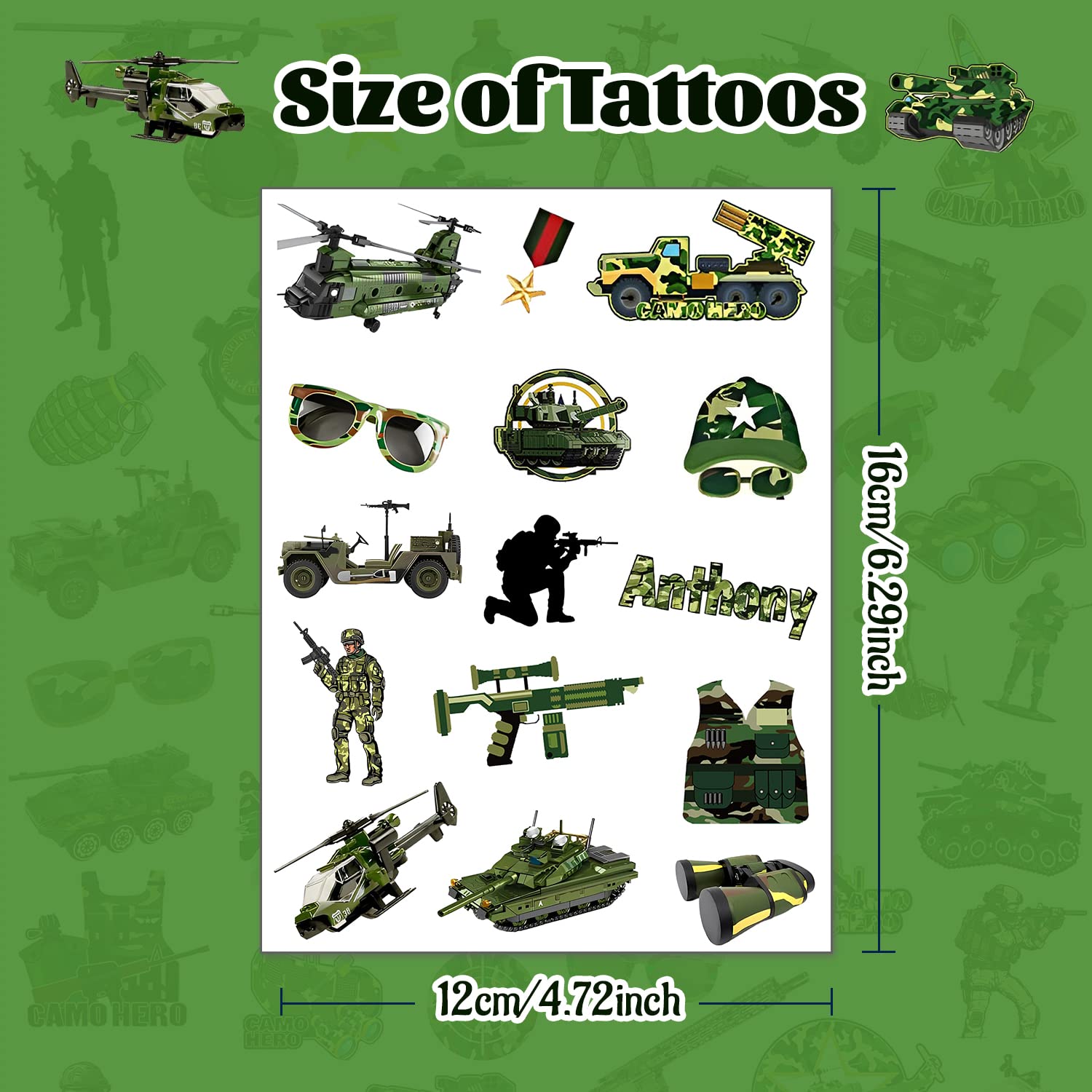 170PCS Camouflage Military Themed Temporary Tattoo Army Party Favors Camo Military equipment Tank Helicopter Tattoos Stickers for Kids Adult Outdoor Sports Birthday Party