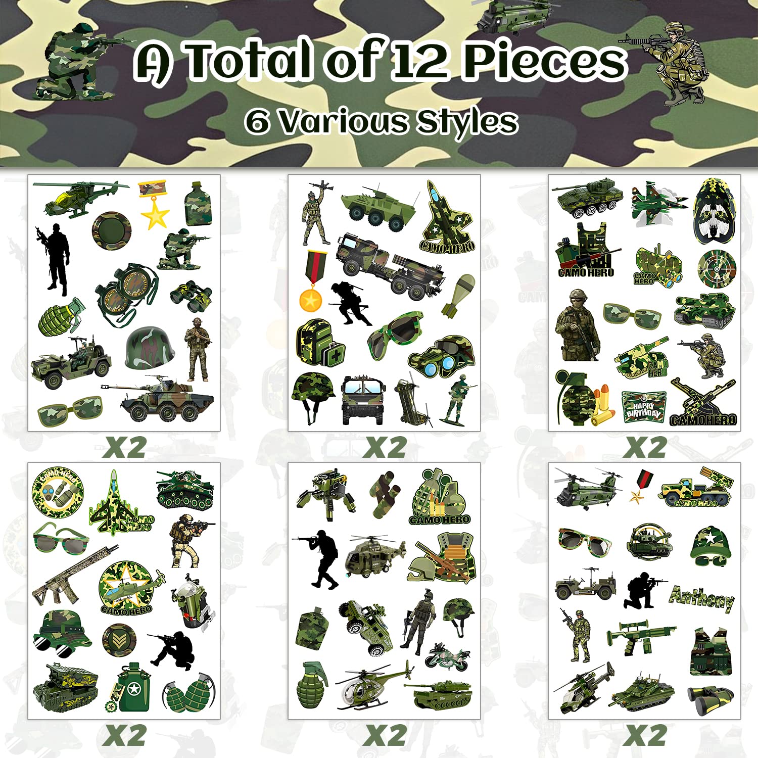 170PCS Camouflage Military Themed Temporary Tattoo Army Party Favors Camo Military equipment Tank Helicopter Tattoos Stickers for Kids Adult Outdoor Sports Birthday Party