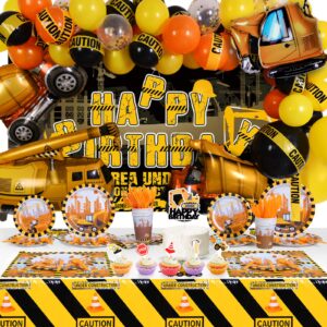 cuteup construction birthday party supplier - 259pcs dump truck party decorations kits set with balloons, tablecloth, backdrop, cake toppers, construction theme tableware set for kids - 16 guest