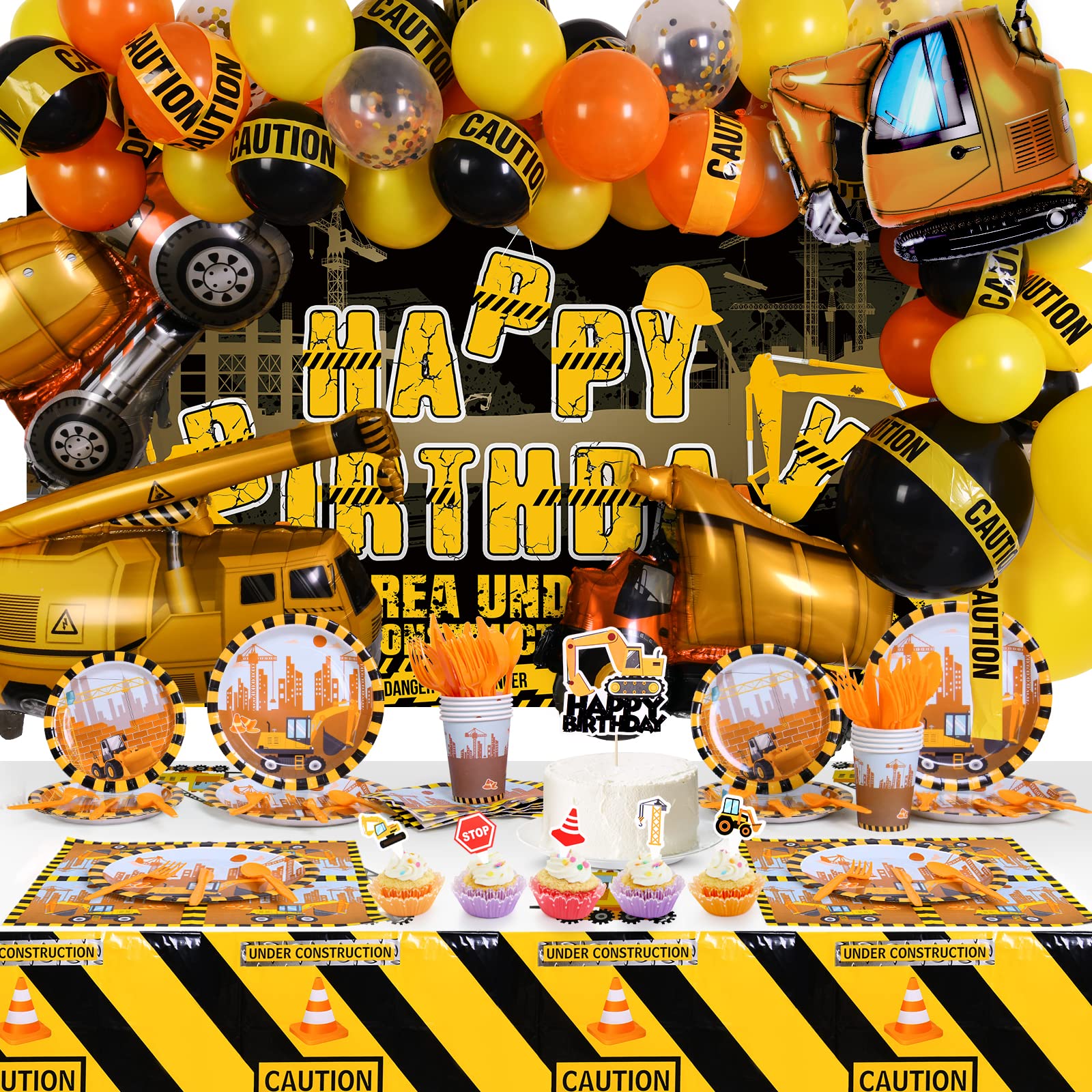 CUTEUP Construction Birthday Party Supplier - 259PCS Dump Truck Party Decorations Kits Set with Balloons, Tablecloth, Backdrop, Cake Toppers, Construction Theme Tableware Set for Kids - 16 Guest