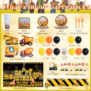 CUTEUP Construction Birthday Party Supplier - 259PCS Dump Truck Party Decorations Kits Set with Balloons, Tablecloth, Backdrop, Cake Toppers, Construction Theme Tableware Set for Kids - 16 Guest