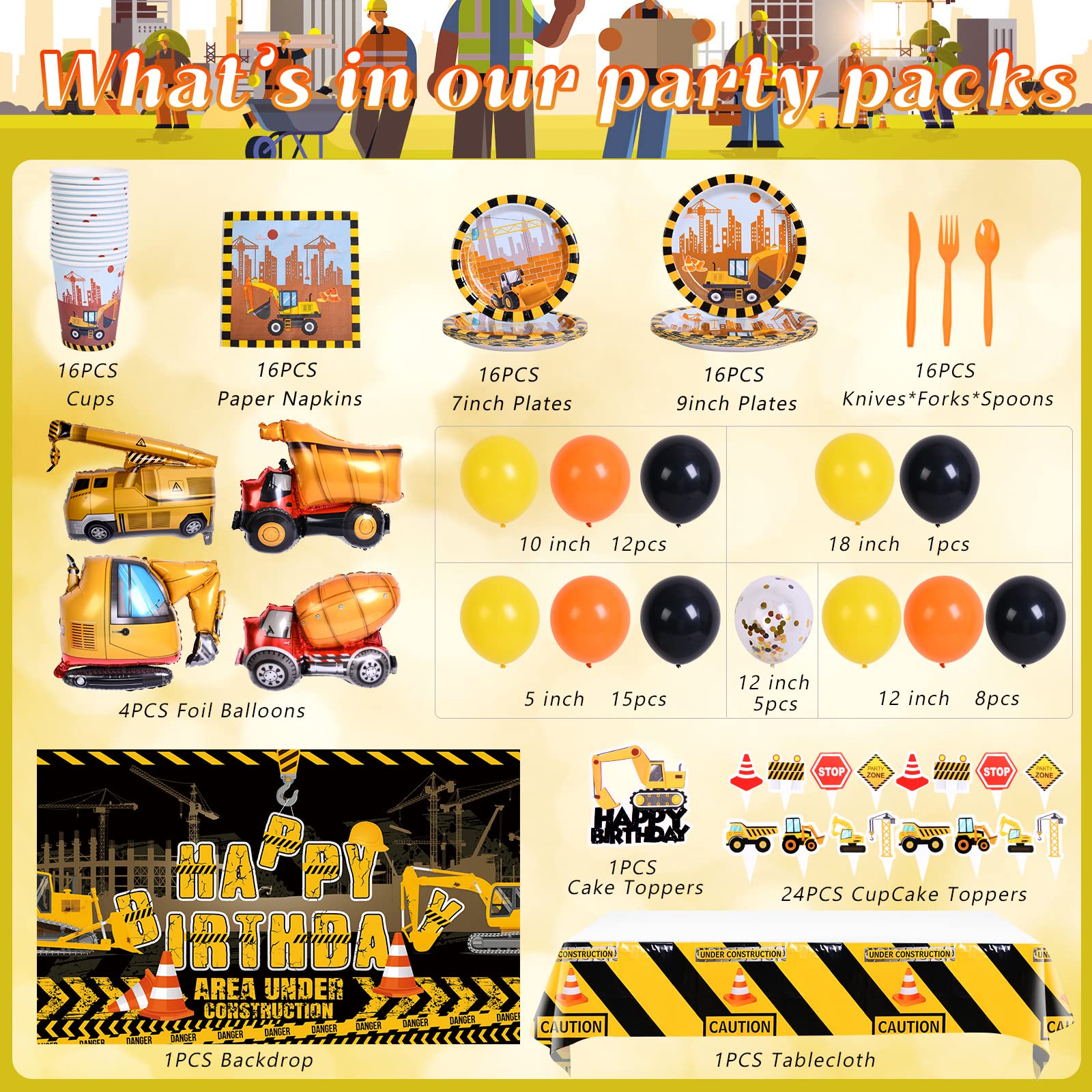 CUTEUP Construction Birthday Party Supplier - 259PCS Dump Truck Party Decorations Kits Set with Balloons, Tablecloth, Backdrop, Cake Toppers, Construction Theme Tableware Set for Kids - 16 Guest