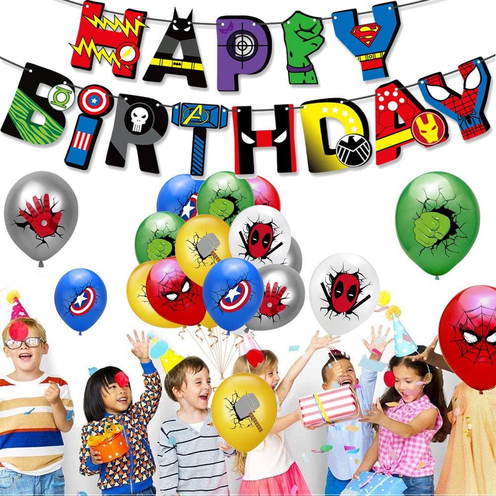 Birthday Party Supplies, Birthday Decorations for Boys Kits Include Birthday Banner, Balloons, Cake Toppers, Gold Flat Ribbon