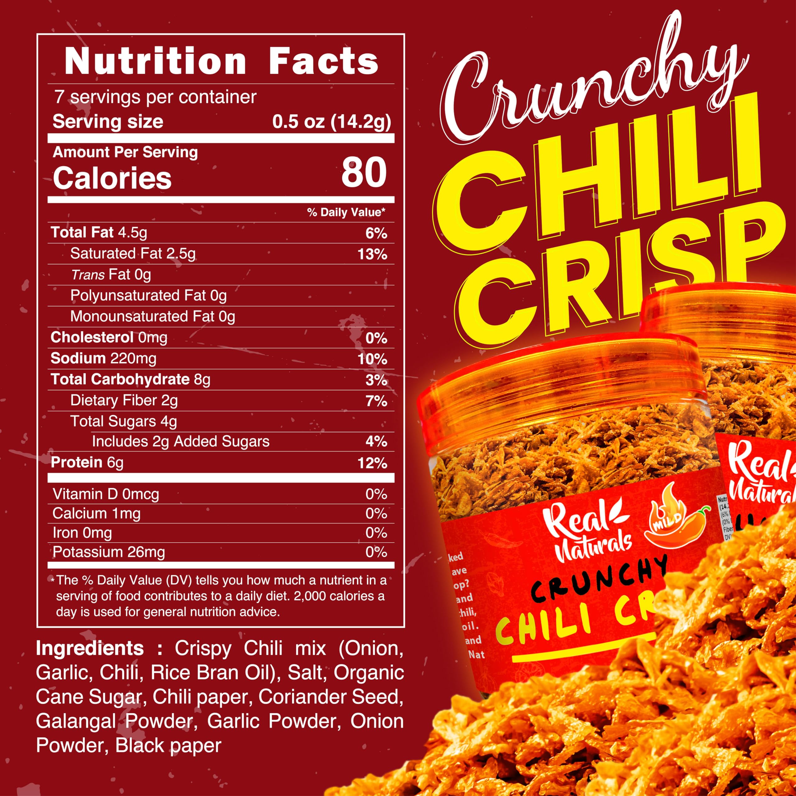 Chili Crisp (medium spicy) chilli crisp oil "without the oil". Crispy chili crunch made with garlic, onion, chilis. For ramen toppings, salads, sushi extra umami. Secret crunchy condiment