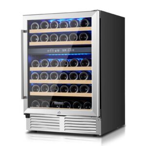 bodega upgraded 24 inch wine cooler refrigerator 46 bottle dual zone wine fridge with double-layer tempered glass door and temperature memory function,built-in or freestanding