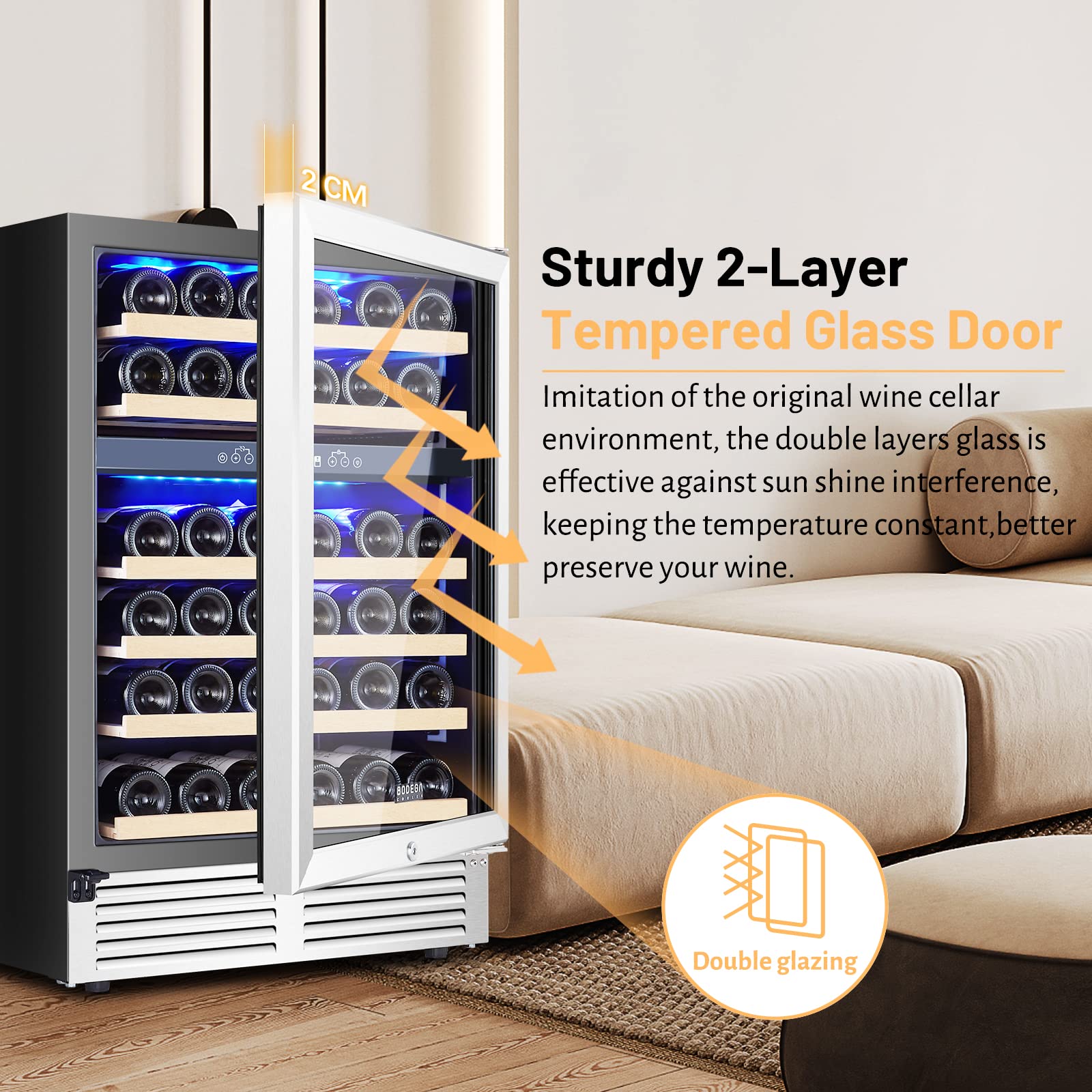 BODEGA Upgraded 24 Inch Wine Cooler Refrigerator 46 Bottle Dual Zone Wine Fridge with Double-Layer Tempered Glass Door and Temperature Memory Function,Built-in or Freestanding