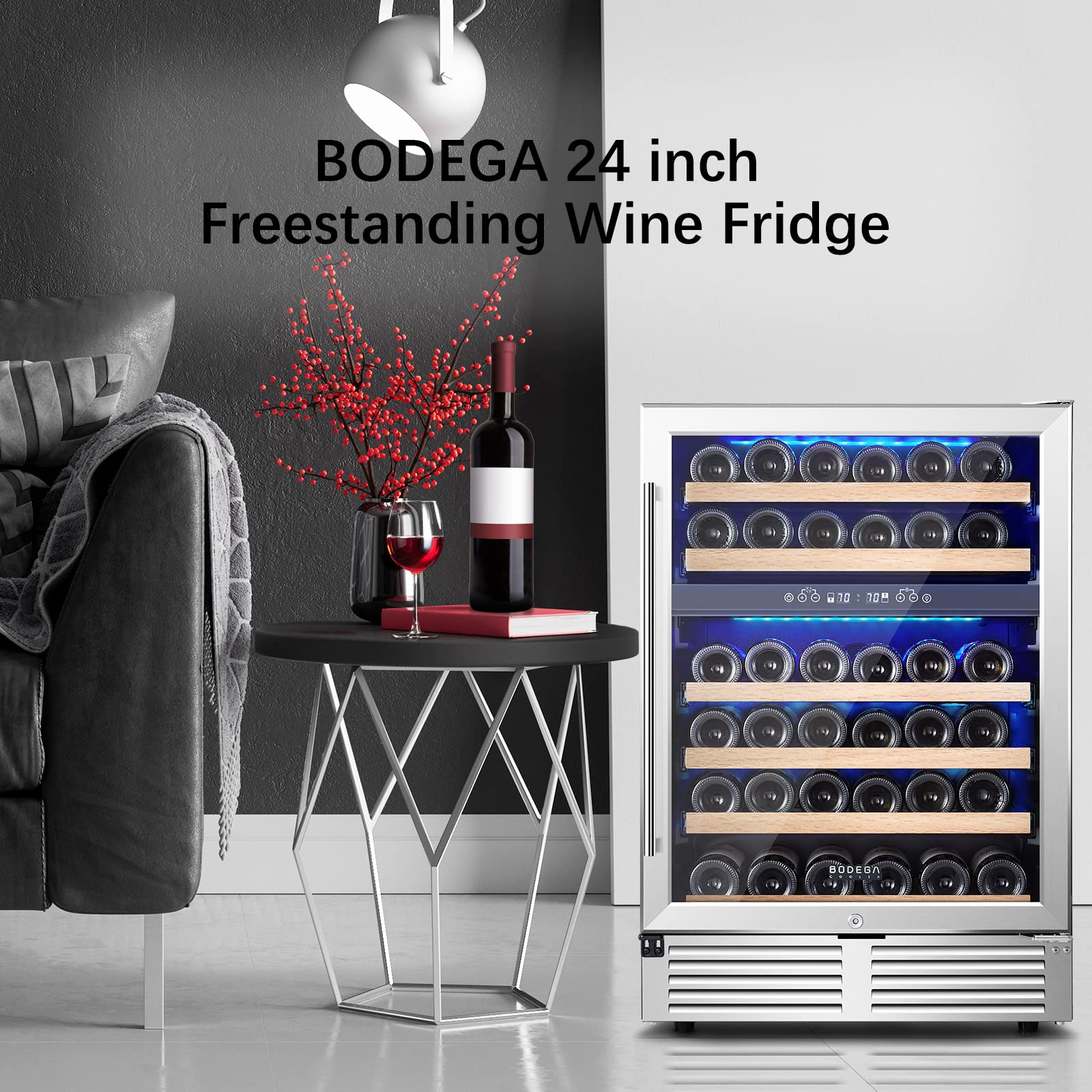 BODEGA Upgraded 24 Inch Wine Cooler Refrigerator 46 Bottle Dual Zone Wine Fridge with Double-Layer Tempered Glass Door and Temperature Memory Function,Built-in or Freestanding