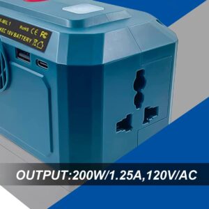 200W Power Inverter Generator Fit for Makita 18V Lithium Battery, DC 18V to AC 110V-120V Portable Power Station with Dual USB Outlet and AC Outlet and 200LM LED Light Battery Inverter