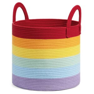goodpick rainbow laundry basket, baby nursery hamper, decorative storage basket for kids, woven cotton rope basket, tall basket with handles, colorful gift basket, 15 x 14 inches