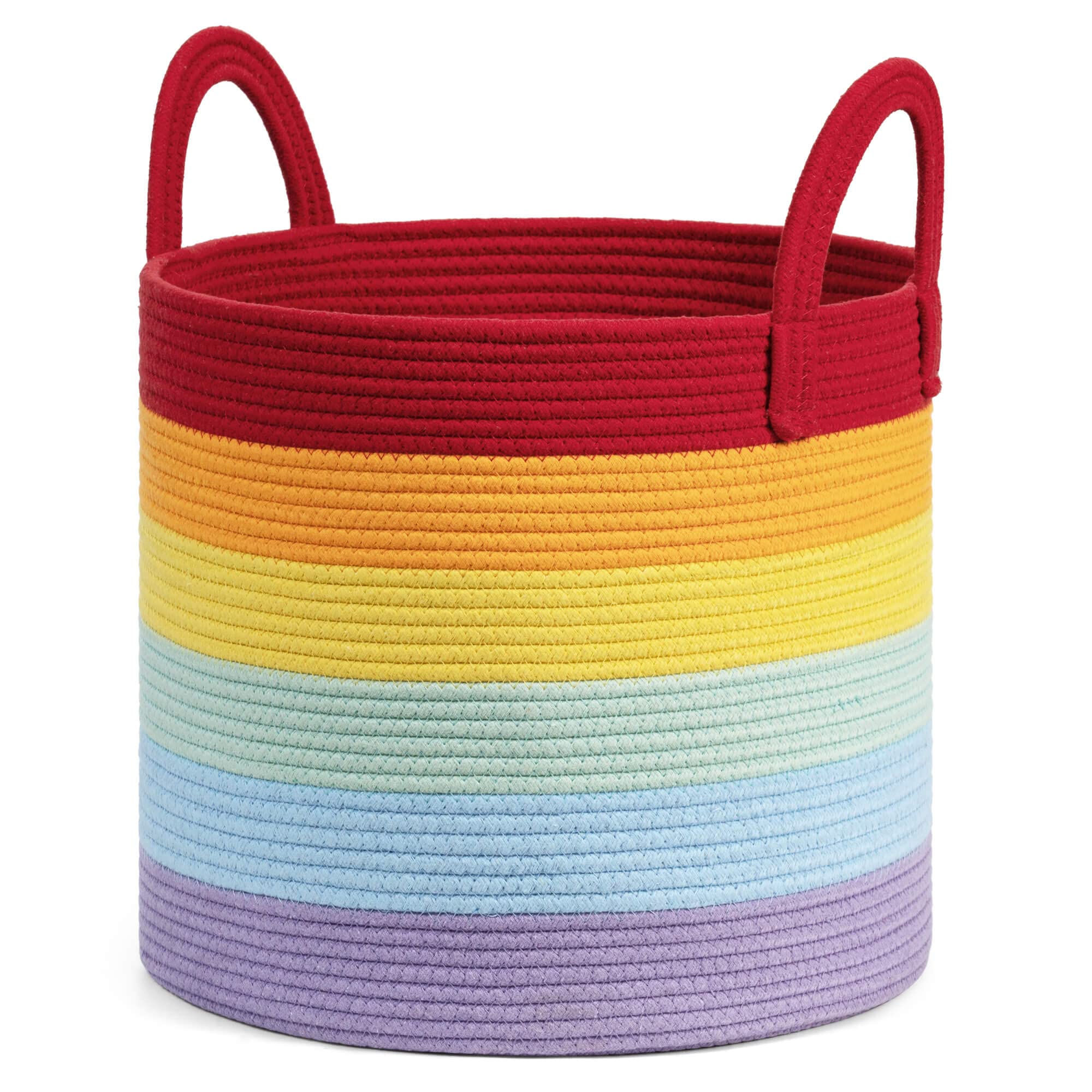 Goodpick Rainbow Laundry Basket, Baby Nursery Hamper, Decorative Storage Basket for Kids, Woven Cotton Rope Basket, Tall Basket with Handles, Colorful Gift Basket, 15 x 14 Inches